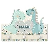 Kindergarderobe Holz mit Wunschtext - Dino Pastell mit Wunschname, Größe HxB: 30x40 cm