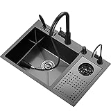 Küchenspüle, schwarz, Drop-In-Bauernhaus-Spüle, Arbeitsstation, aufgesetzte Edelstahlspülen mit Leiste und Zubehör-Set für Küche, Hof, Büro, Bar (Farbe: Schwarz, Größe: 75 x 46 cm)