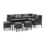 blumfeldt Titania Dining Lounge Set - Gartenliege, Eckgarnitur, 5-teilige Sitzgruppe: Eckcouch, Tisch & 3 Hocker, 7 Sitzplätze, 8 cm Sitzpolster, inkl. Bezüge in Dunkelgrau, Rattan: Schwarz