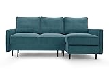 BETTSO -Ecksofa mit Schlaffunktion und Bettkasten - Scandinavian Design Couch, Sofagarnitur, Couchgarnitur, Polsterecke,Cord Stoff (220x110x137cm)-Emma (Türkis (Lincoln 75), Rechts)