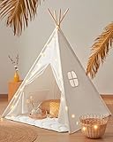 Tiny Land Tipi Zelt für Kinder, Drinnen Tipi Spielzelt für Kinder mit Gepolsterter Decke & Lichterkette &Aufbewahrungstasche, Segeltuch Kinderzelt, Spielhaus Kinder für Drinnen und Draussen