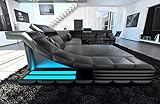Wohnlandschaft Turino XXL Sofa in Leder - mit LED Beleuchtung, verstellbare Kopfstützen, Recamiere/Lederfarben wählbar/Ausrichtung wählbar (Ottomane Links, Black)
