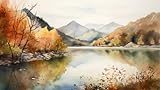 Poster-Bild 140 x 80 cm: Herbstlandschaft mit See und Bergen. Digitale Aquarellmalerei. (202693251)
