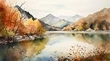 Poster-Bild 140 x 80 cm: Herbstlandschaft mit See und Bergen. Digitale Aquarellmalerei. (202693251)