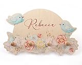 Personalisierte Kindergarderobe 'Birds' aus Birkenholz mit vier Haken, Garderobe für Kinder mit Wunschnamen, Motiv Vögel, Singvögel, Blumen, Rosen, Maße ca. 35 x 22 cm