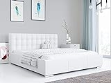 MKS MEBLE - Vento Polsterbett mit Kopfteil - Doppelbett mit Bettkasten für Schlafzimmer, Jugendzimmer - Deko Bed mit Lattenrost - 140x200 - Weiß Kunstleder