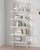 pickpiff Leiterregal Bücherregal 5 Etagen, Extra Stabiles Modernes Bücherregal Wandmontage, Hoch Stehendes Offenes Regal, Weiß und Gold, Industrie Metallrahmen mit Holzregal