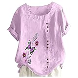 Zldhxyf Damen Blusenshirt Blumen Leinen Frauen lässige Hemden Bedruckte Lavendel lose und Baumwolle Frauen Bluse Trachtenbluse