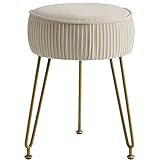 IBUYKE Samt Runde Fußstütze Hocker Ottoman, Make-up Eitelkeits Hocker Beistelltisch, Samt Ankleidetisch Sitz, Pouf Couch Hocker, goldene Stahlbeine, cremeweiß LG-30M