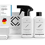 CREVIVE Lederpflege Set inkl. Lederreiniger & Lederlotion mit Aloe Vera + Schwamm + 2X Tuch - Lederpflege Sofa - Lederpflege für Ledercouch - Lederpflege Auto - Ledersofa, Jacke, Schuhe, Tasche