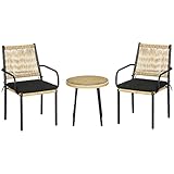 Outsunny 3-TLG. Rattan Gartenmöbel-Set, Balkonmöbel, inkl. Couchtisch und 2 Stühle, Bistro-Set mit Sitzkissen, Sitzgruppe für Terrasse, Balkon, Stahl, Sand