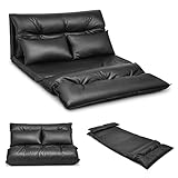 RELAX4LIFE 3 in 1 Bodensofa mit 2 Kissen, Sofabett & Bodenliege & Bodencouch, 5-Stufig Verstellbarer Bodensessel, Lazy Sofa aus PU-Leder, Schlafsofa für Schlafzimmer & Wohnzimmer & Büro, Schwarz