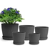 Warmplus Kunststoff-Blumentopf, 19/17,5/16,5/15/14cm Indoor-Blumentöpfe mit Abflusslöchern und Untersetzer, Moderner dekorativer Pflanztöpfe für alle Zimmerpflanzen, Sukkulenten, Kakteen, Grau