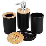 Kinsinder 4 Stück Badezimmer Zubehör Set, mit Lotion Flasche, Zahnbürstenhalter, Mundwasser Becher, Seifenschale, Bambus Abdeckung solide Farbe Aussehen Dekoration Badezimmer Kommode (Schwarz)