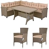 Casaria Polyrattan Ecklounge WPC Esstisch Eckbank 2 Gartenstühle 15cm Kissen 7 cm Auflagen Wetterfest Outdoor Garten Sitzgruppe Lounge Gartenmöbel Set