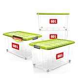 BigDean 4 Stück 60 L Aufbewahrungsbox mit Deckel groß limegrün - stapelbare robuste Box - BPA-frei & lebensmittelecht - rollbare Stapelbox mit festen Klickverschlüssen - Made in Germany