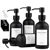 MONOKO 4er Set Seifenspender Schwarz Matt aus Glas | Shampoo Flaschen zum Befüllen | 250ml Spülmittelspender Küche | Spender Pumpkopf Edelstahl | Pumpflasche + Aufkleber