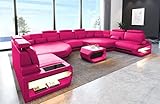 XXL Sofa Wohnlandschaft Asti mit LED-Beleuchtung Couch in Leder Designersofa mit Kopfstützen und USB-Anschluss (Große Ecke rechts (auf Sofa blickend), Pink-Schwarz)