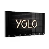 DEQORI Wandgarderobe Glas & Metall | Motiv Leuchtbuchstaben YOLO | 60x30 cm | Design Haken-Leiste modern | Garderoben-Paneel für Flur, Wohnzimmer & Schlafzimmer | magnetisch & beschreibbar