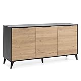 VS Venta-stock Köln 3-türiges Sideboard, Schwarz und Holz gebürstet, 136,5 cm (Breite) 40 cm (Tiefe) 72,5 cm (Höhe)