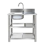 Bewegliches Esszimmer-Spülbecken Im Freien, Freistehend, Edelstahl-Spülbecken, Gewerblicher Spülenschrank, Küchengemüsespüle, 3-Lagiges Lagerregal (Heiß- Und Kaltwasserhahn 100 Cm)