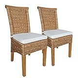 2er Set Esszimmer Stühle Perth Wintergarten 2 Stück braun Sitzkissen Leinen weiß mit Sitzkissen Rattanstühle