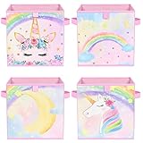 WERNNSAI Einhorn Aufbewahrungsbox – 4er Pack Faltbare Aufbewahrungswürfel aus Stoff für Mädchen und Kinder 28cm Rosa Dekorative Aufbewahrungskörbe mit Griffen Schrank Kinderzimmer Schlafzimmer