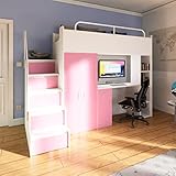 Marlux-Meble Hochbett Kinderbett JSM-4 80x190 mit Kleiderschrank Schreibtisch und Treppe Matt Kinderbetten Funktionsbett Etagenbett Stockbett Kinderhochbett Jugendhochbett (Rosa Matt)