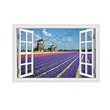 THREMA Bilder auf Leinwand mit Fensterblick-Leinwandbild mit Kunstdruck-3D-Effekt Fensteransicht Bilder Landschaftsbilder Meerblick Gemälde-Windmühle Lavendel 30x45cm12 x18 Rahmenlos