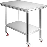 VEVOR Arbeitstisch 91 x 60 x 82 cm Edelstahl Werkbank Arbeitstisch Belastbarkeit 160 kg, Lebensmittel Zubereitungstisch mit Nachlauf Gewerbliche Arbeitstisch für Küche Bar 4 verstellbare Füße