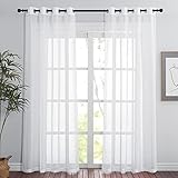 PONY DANCE Voile Gardinen Weiss Transparent 2 Stücke Vorhänge Wohnzimmer Leinenoptik Vorhang Durchlässig Gardinenschals mit Ösen, H 220 x B 140 cm, Weiß