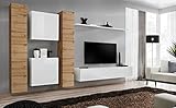 ASM Wand-Set – Switch VI – 2 vertikale Vitrinen – 1 Vitrine quadratisch – 1 TV-Bank – 1 Regal – Holz und Weiß – Modell 1