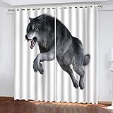 SATUSA Verdunkelungsvorhang Kinderzimmer Junge Mädchen Blickdichter Ösenvorhang 3D Schwarzer Tierwolf Muster Ösenschal 2Er Set 200X214Cm Vorhänge Schlafzimmer Thermo Gardinen Fensterdekoration