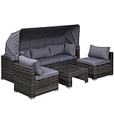 Outsunny Rattan Lounge Set, Sitzgruppe mit Sonnendach, Garten Loungegruppe, inkl. Kissen und Beistelltisch, Metall, Grau, 215 x 75 x 64 cm