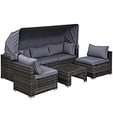 Outsunny Rattan Lounge Set, Sitzgruppe mit Sonnendach, Garten Loungegruppe, inkl. Kissen und Beistelltisch, Metall, Grau, 215 x 75 x 64 cm