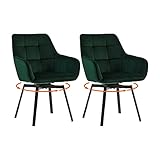 LEMROE 360° Drehstuhl Esszimmerstühle 2er Set Grün Samt Polsterstuhl Schreibtischstuhl ohne Rollen Ergonomischer Bürostuhl mit Armlehnen und Metallbeinen für Zuhause Arbeitszimmer