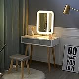 YOURLITE Schminktisch mit LED-Beleuchtung, Spiegel, gepolsterter Hocker und Make-up-Organizer, Weiß Weiß+grau+rechteckiger Spiegel