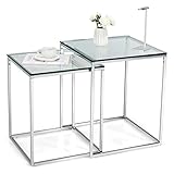 COSTWAY 2er Satztisch Set, Glastisch mit Metallrahmen, Beistelltisch aus Glas, modern