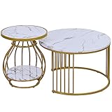 NJUN Beistelltisch, Couchtisch 2er Set, Wohnzimmer Tisch FüR Couch, Metallgestell Beistelltisch Weiss Modern Satztische FüRs Wohnzimmer, Weiß Gold Marmor Optik