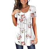 Briskorry Damen Sommer Lässig Kurzarm Fließende Blusenoberteile Blumen Bedruckt Plissee T-Shirt Für Frauen Oversize Falten Bluse Sommer Oberteile Longshirt Sommershirts