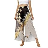 Damen Hosen Sommer Weites Bein High Waist Hosenrock Elastisches Band Schlitzhose Bequeme Lang Stoffhose Casual Culottes Freizeithose Jogginghose Gold X-Large