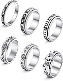 LOLIAS 6 Stück Fidget Band Ringe Set Edelstahl Spinner Ringe für Frauen Männer Mond Stern Sand Blume Damen Ring zum Stressabbauen Hochzeitsversprechen Größe 49-62