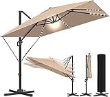 KESSER® Sonnenschirm LED Solar Ampelschirm SUN XL 300 x 300 cm Inkl. Abdeckung +Windsicherung Drehbar Neigbar Kippbar Marktschirm Groß 360° Rotation, Gartenschirm mit Kurbel Sonnenschutz, Beige