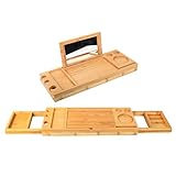 Badewannenablage Ausziehbares Holz Badewannentablett mit Spiegel - Verstellbare Badewannenablage Bambus Badewannenregal Organizer Badtisch für Buch Telefon Tablet Kerze Weinglas Halter - Badzubehör