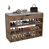 Schuhregal mit Sitzbank und Stauraum, Schuhbank mit Sitzfläche 3 Ablagen, 80x30x58cm Schuhschrank mit Polsterung, Schuhablage Holz für Eingangsbereich Flur Schlafzimmer Wohnzimmer, Vintagebraun