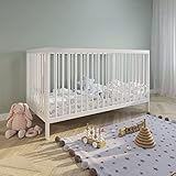 Babybett Kinderbett Gitterbett 60 x 120 | 70x140 cm höhenverstellbar & herausnehmbare Sprossen, optional mit Schublade und Matratze | Buchenholz weiss sehr stabil Made in Europe 120 x 60