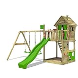 FATMOOSE Spielturm Klettergerüst HappyHome Hot mit Schaukel & apfelgrüner Rutsche, Outdoor Kinder Kletterturm mit Sandkasten Leiter & Spiel-Zubehör für den Garten