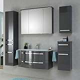 Lomadox Badezimmer Möbel in grau Hochglanz, Waschtischunterschrank 90cm mit Glaswaschbecken, Spiegelschrank, montierte Möbel - Made in Germany