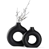 Sawoake Schwarzer Donut Keramik Vase Satz von 2 für Moderne Home Decor, Runde Matte Vasen für Pampasgras, Neutral Boho Nordic Minimalismus Stil Blumenvasen（Groß+klein）