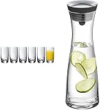 WMF Easy Plus Saftgläser Set 6-teilig, Gläser 250 ml, Kristallglas spülmaschinengeeignet, bruchsicher & Basic Wasserkaraffe aus Glas, 1 Liter, Glaskaraffe mit Deckel, Silikondeckel, CloseUp-Verschluss